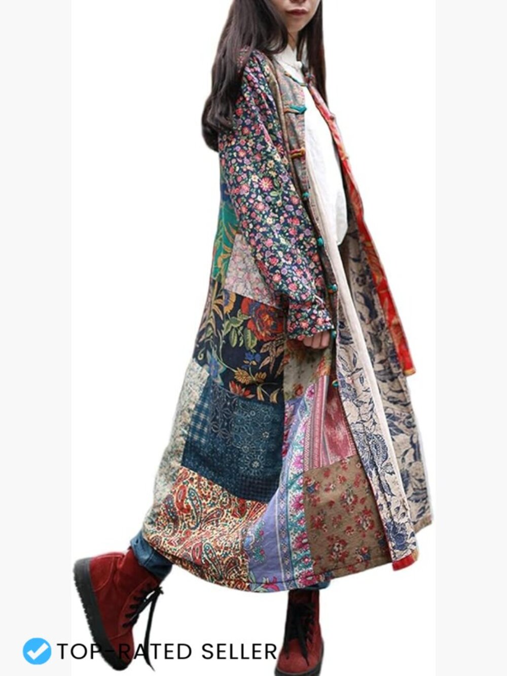 Bohemian Floral Patchwork Trench Coat Loose Fit Long Cotton Linen Duster Jacket
